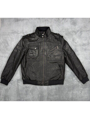 Flavor Men's Large Black Pig Leather Bomber Jacket Quilted Lining Zip Biker